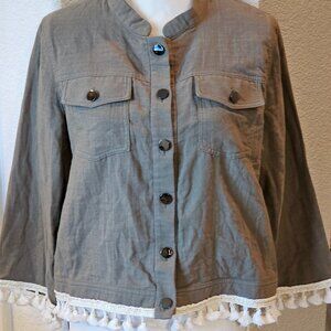 Lulus Women's Long Sleeve Shirt Jacket Olive Green Tassel 100% Cotton Size L
